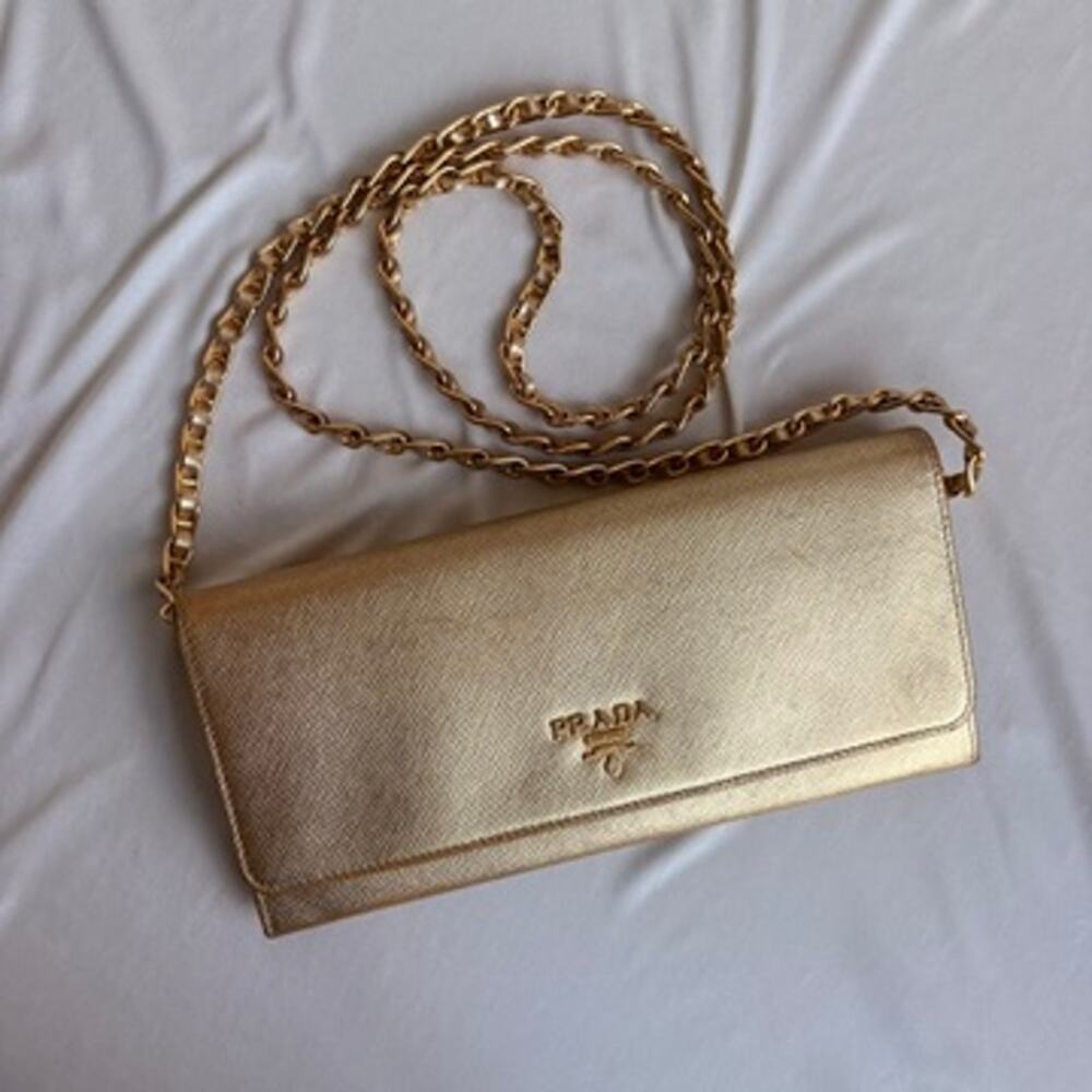 Prada Saffiano Leather Gold Wallet on Chain
